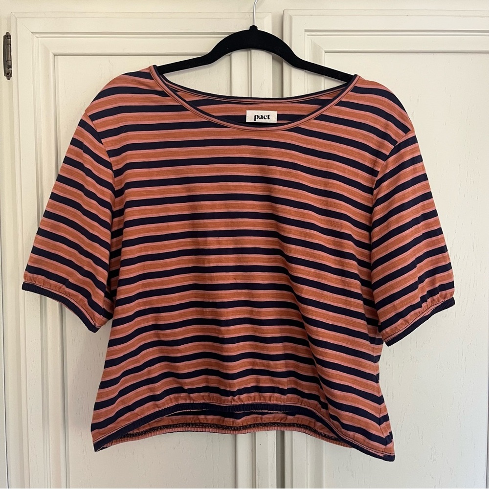 Pact Women's Striped Elbow sleeve t-shirt Brown and Navy Organic Cotton - Picture 2 of 5